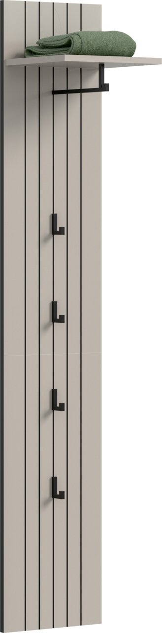 Moderne Garderobenpaneel in Beige mit vertikalen schwarzen Linien, vier schwarzen Haken und weißer Ablage mit gefaltetem grünem Handtuch, seitliche Perspektive