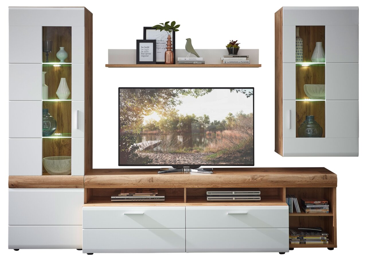 XORA Wandcombinatie LYON Moderne Wandkombination mit weißem und holzfarbenem Design, bestehend aus zwei Vitrinen, einem TV-Board und einem Wandregal. Frontalansicht.