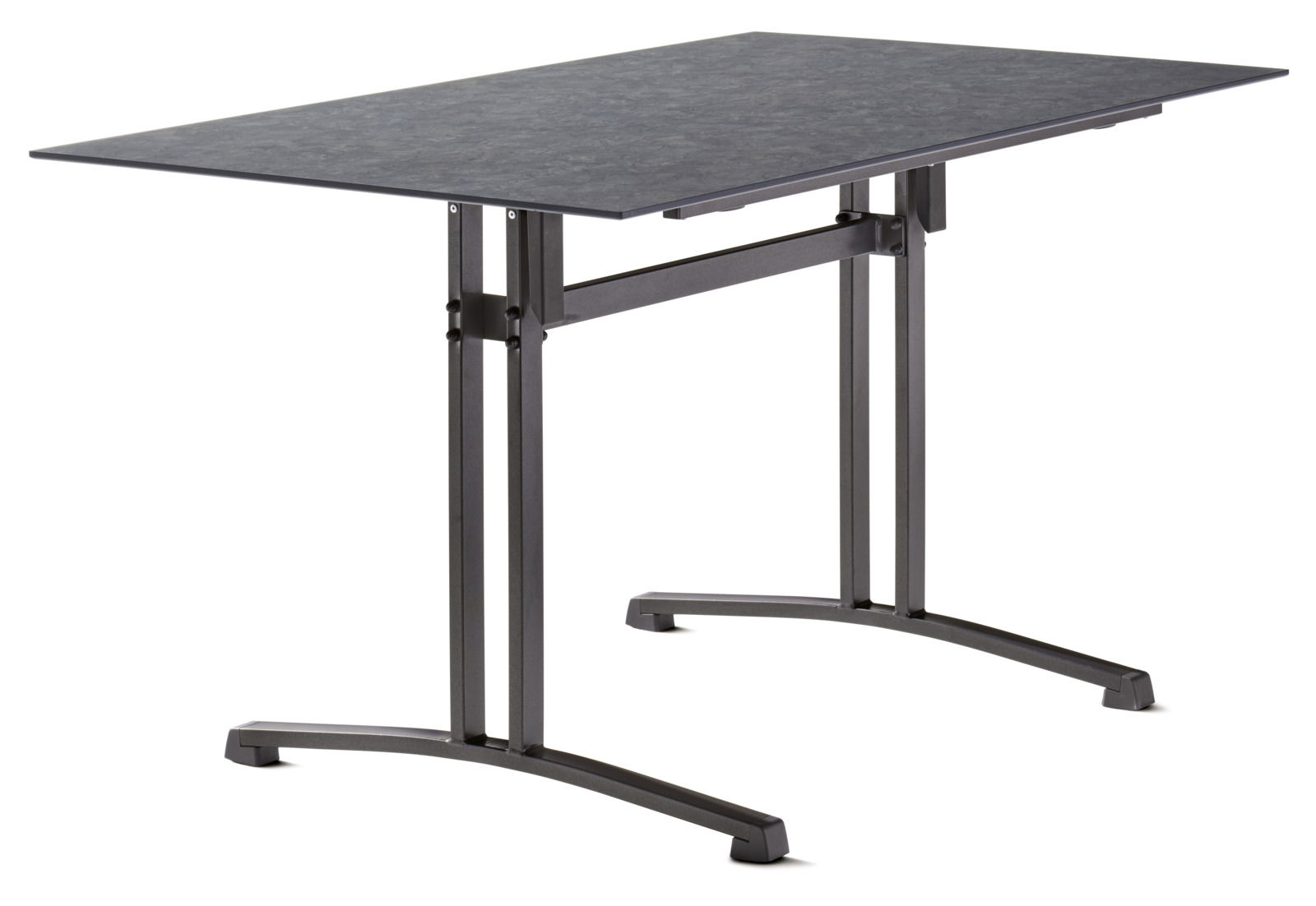 Moderner rechteckiger Gartentisch mit dunkler Tischplatte und stabilen Metallbeinen, seitliche Perspektive