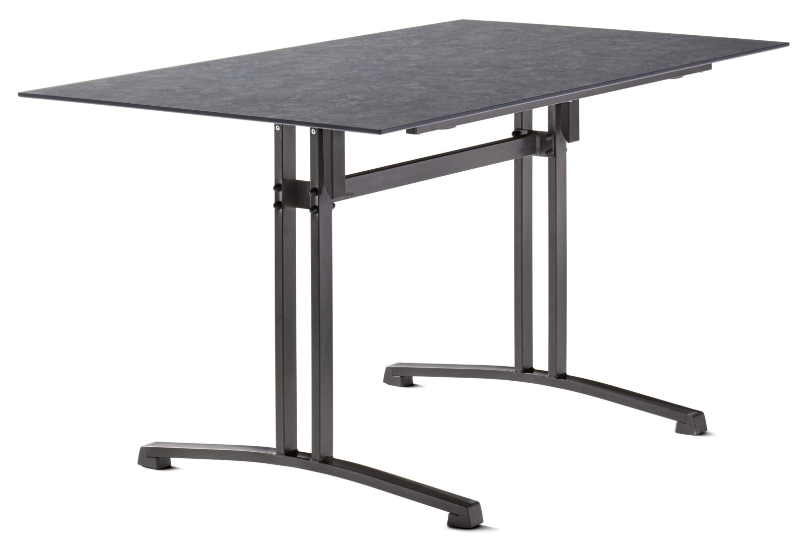 Moderner rechteckiger Gartentisch mit dunkler Tischplatte und stabilen Metallbeinen, seitliche Perspektive