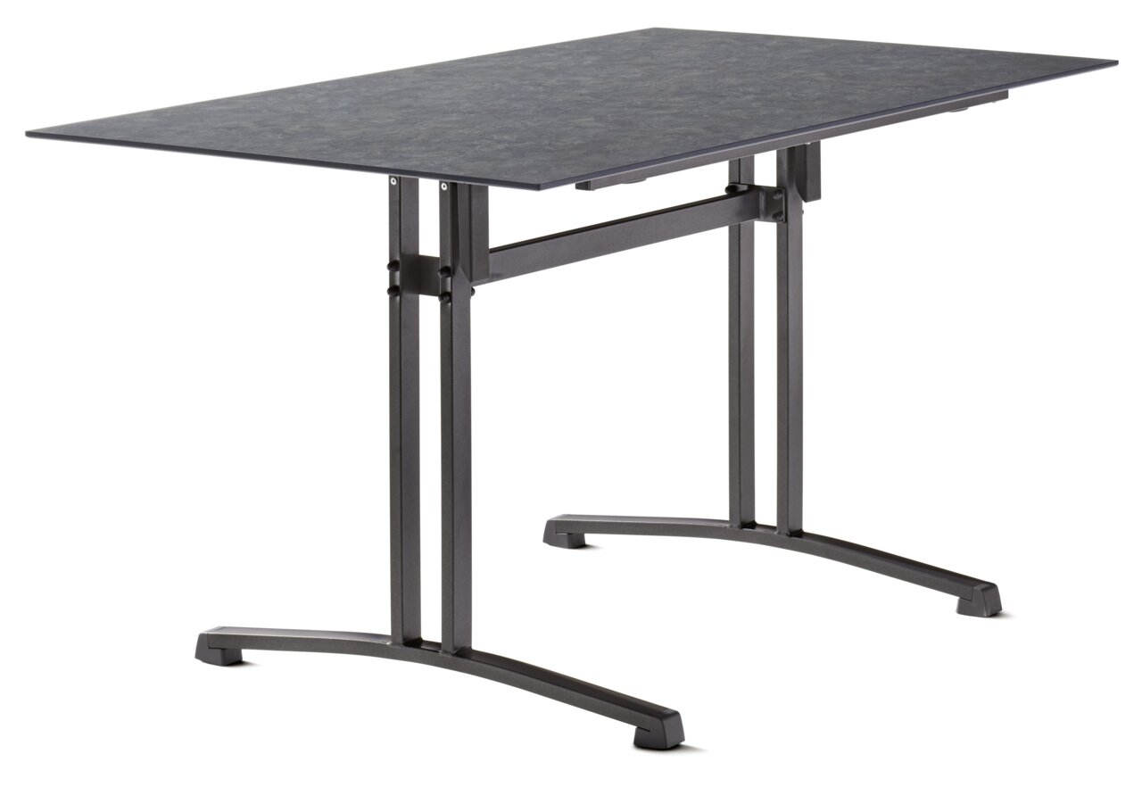 Moderne rechthoekige tuintafel met een donker tafelblad en stevige metalen poten, zijaanzicht