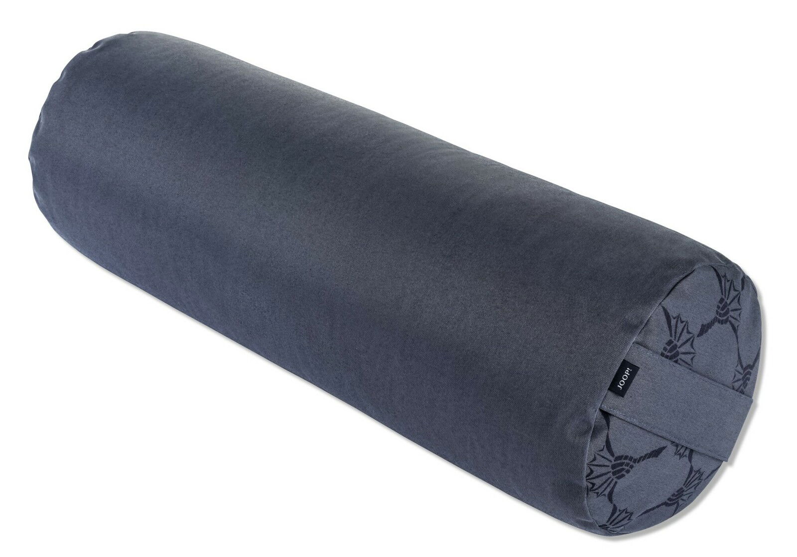 Graue Yogarolle in zylindrischer Form, seitliche Perspektive, mit dekorativem Muster an den Enden.