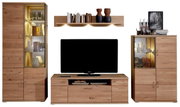 Vooraanzicht van de Cantus-wandcombinatie BRILON met houtlook, bestaande uit een grote kast met glazen elementen, een tv-meubel en een plank met verlichting.