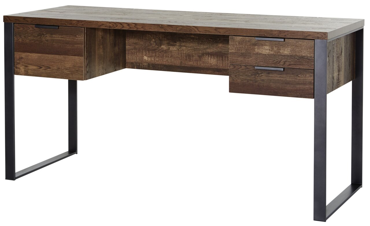 Moderner Schreibtisch aus Holz mit Metallbeinen, seitliche Perspektive