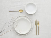 Elegantes 12-teiliges Tellerset in Weiß mit goldfarbenem Besteck, aus der Vogelperspektive auf einem hellen Tischtuch arrangiert.