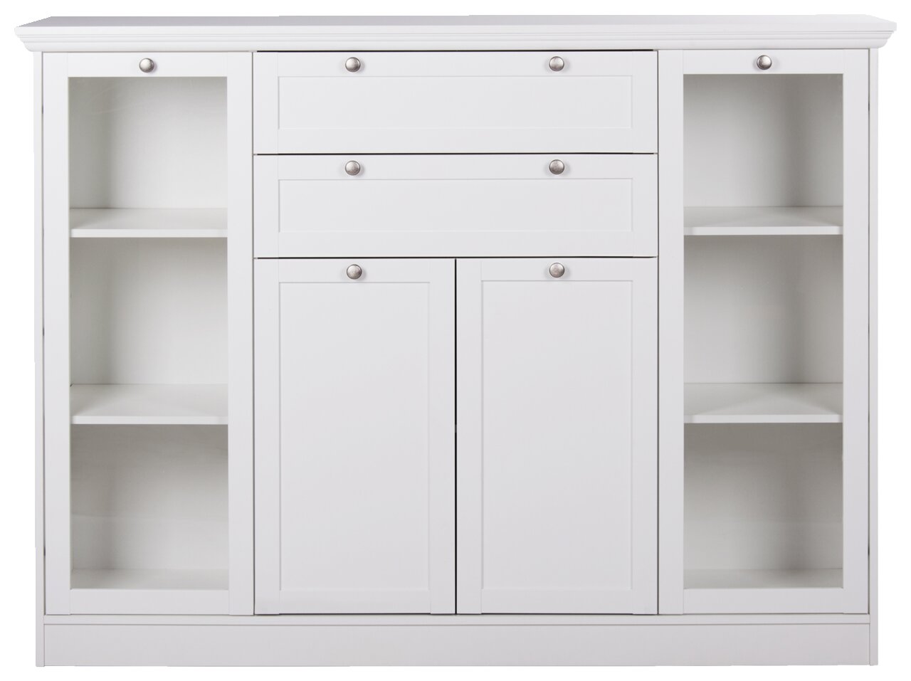 Weißes Highboard mit zwei Glastüren, zwei Schubladen und zwei geschlossenen Türen, frontal fotografiert.
