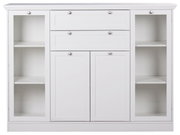 Weißes Highboard mit zwei Glastüren, zwei Schubladen und zwei geschlossenen Türen, frontal fotografiert.