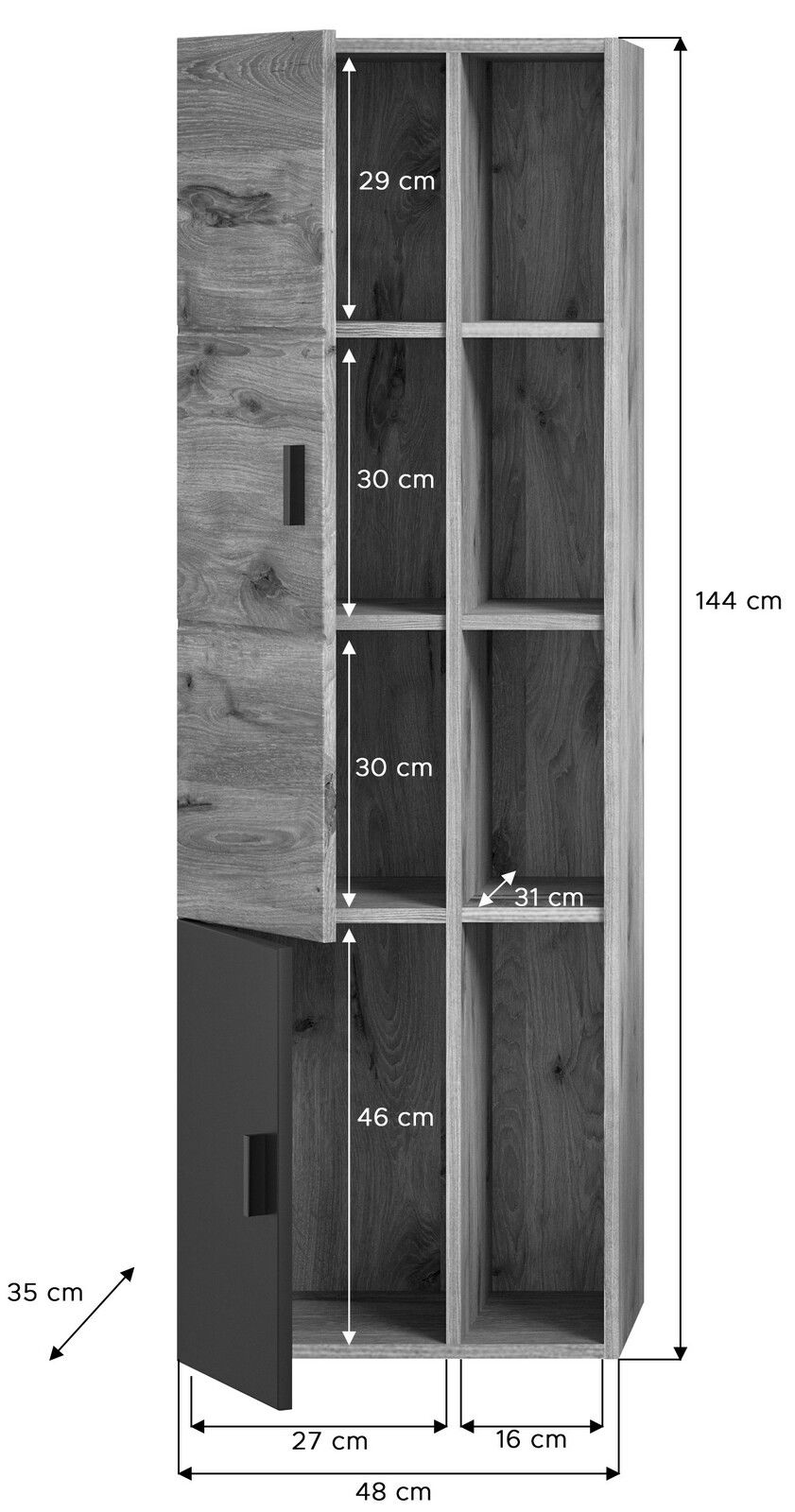 Midischrank in Holzoptik mit mehreren offenen Fächern und einer Tür, seitliche Perspektive