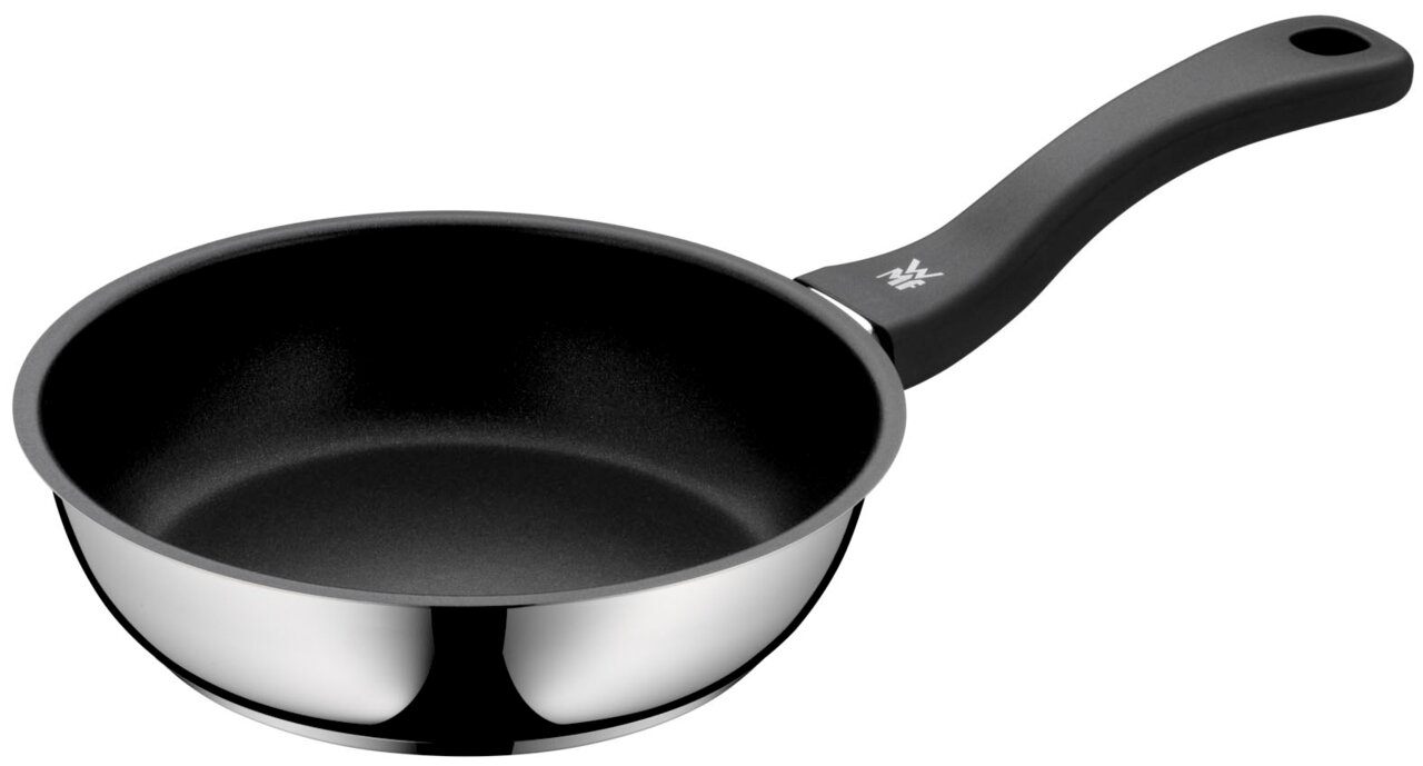 Stielpfanne 18 cm aus Edelstahl mit Antihaftbeschichtung, seitliche Perspektive