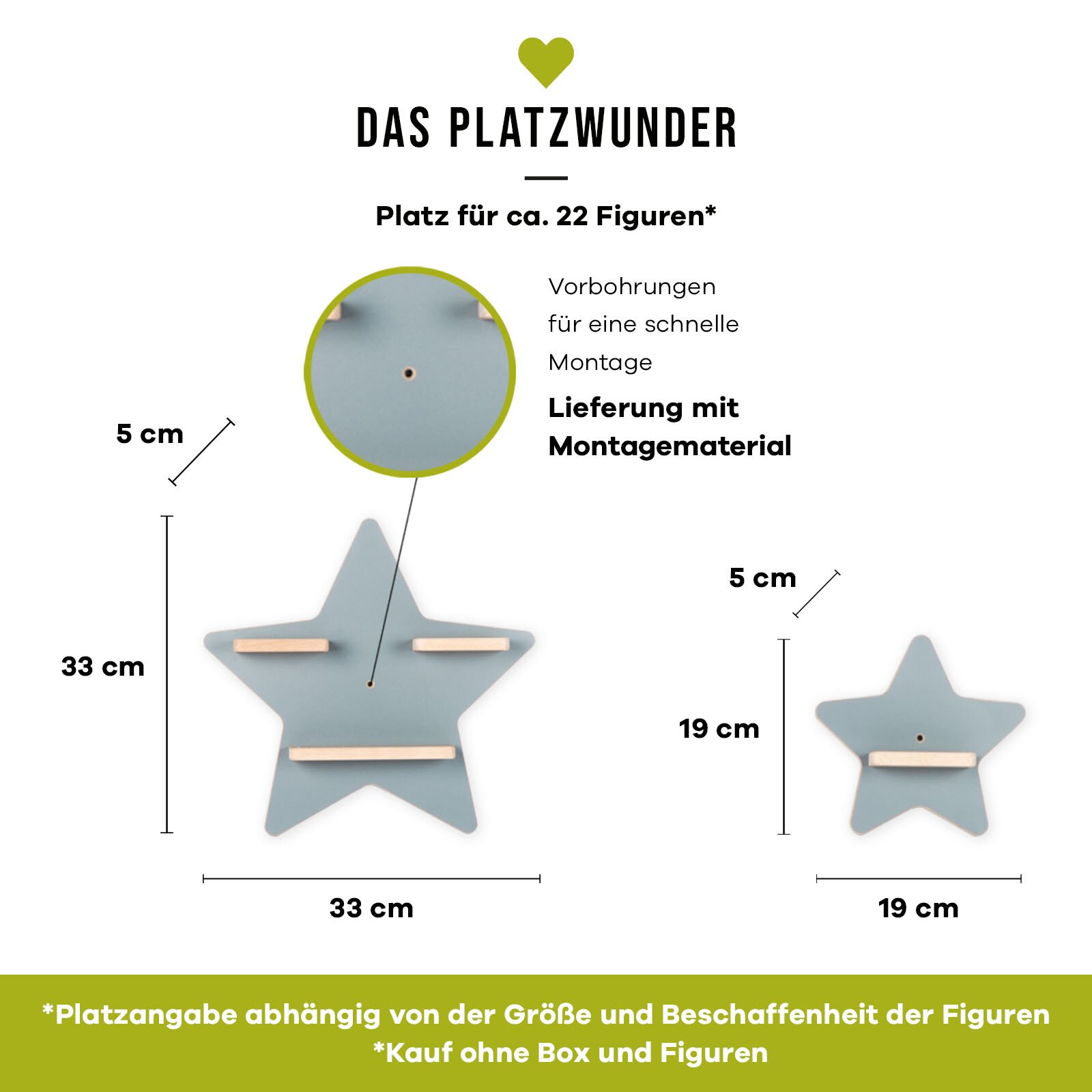 Infografik eines sternförmigen Wandregals „Das Platzwunder“ in Hellblau mit drei Holzleisten, Vorbohrung und Montagematerial; zeigt Frontansicht mit Maßen 33×33 cm (Tiefe ca. 5 cm) sowie eine kleinere Variante 19×19 cm (Tiefe ca. 5 cm) und Hinweis auf Pla