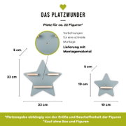 Infografik eines sternförmigen Wandregals „Das Platzwunder“ in Hellblau mit drei Holzleisten, Vorbohrung und Montagematerial; zeigt Frontansicht mit Maßen 33×33 cm (Tiefe ca. 5 cm) sowie eine kleinere Variante 19×19 cm (Tiefe ca. 5 cm) und Hinweis auf Pla