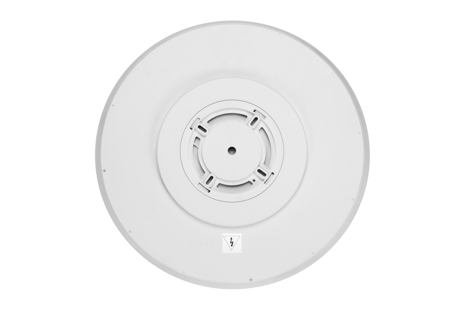 Rückansicht einer runden LED-Deckenleuchte in Weiß mit zentralem Montagepunkt.