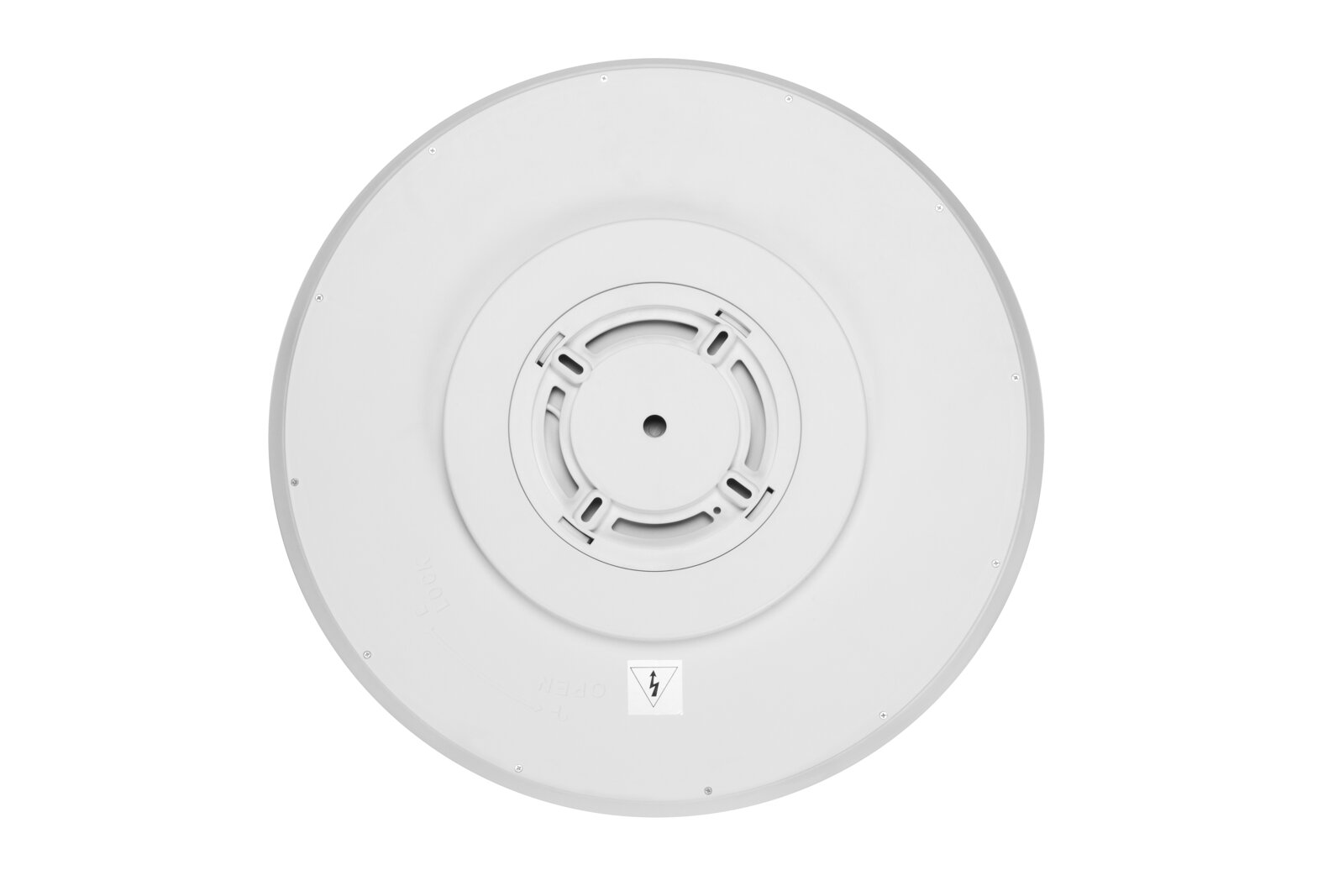Rückansicht einer runden LED-Deckenleuchte in Weiß mit zentralem Montagepunkt.