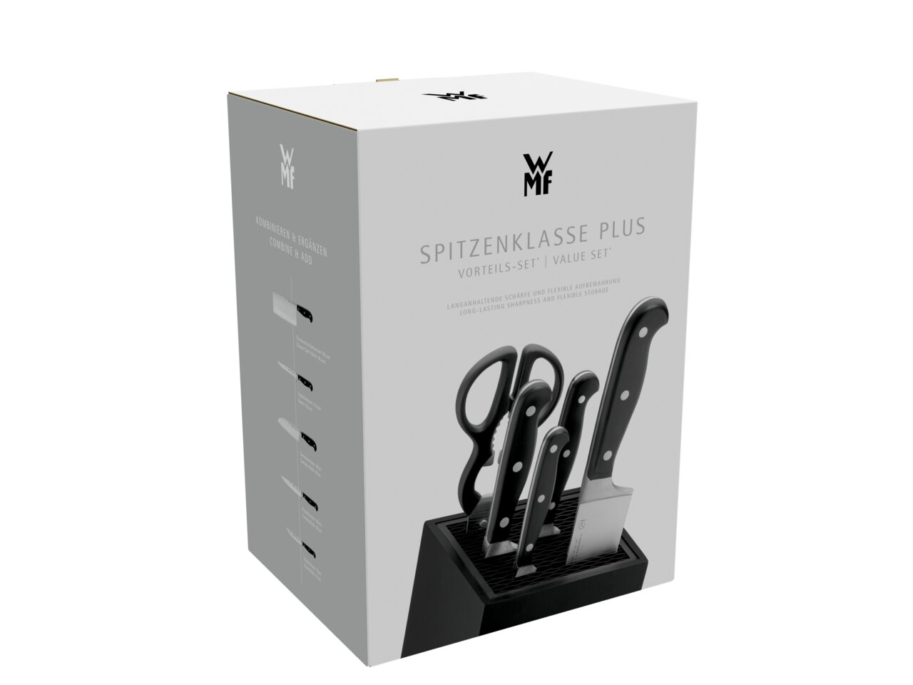 Messerblock-Set mit verschiedenen Messern und Schere, Perspektive von vorne links