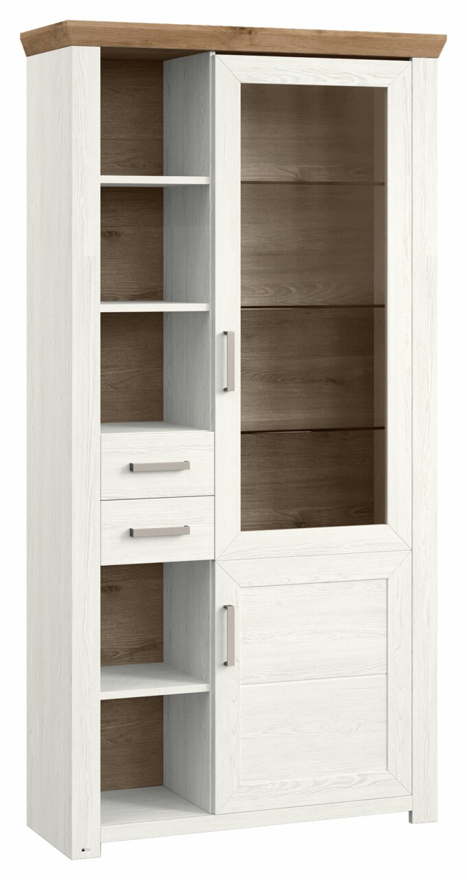 Vitrine aus hellem Holz mit Glastür und offenen Regalfächern, seitliche Perspektive