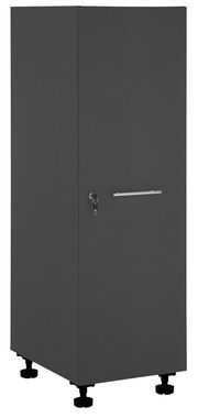 Grauer Haushaltschrank mit Schloss und Griff, seitliche Perspektive