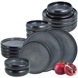 18-teiliges Tafelservice in Grau mit modernen, strukturierten Tellern und Schalen, seitliche Perspektive