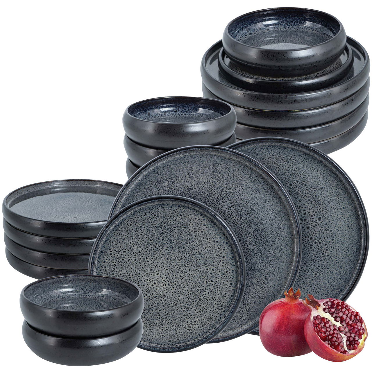 18-teiliges Tafelservice in Grau mit modernen, strukturierten Tellern und Schalen, seitliche Perspektive