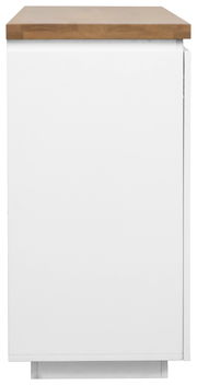 Seitenansicht eines XL-Sideboards mit weißem Korpus und Holzoberfläche