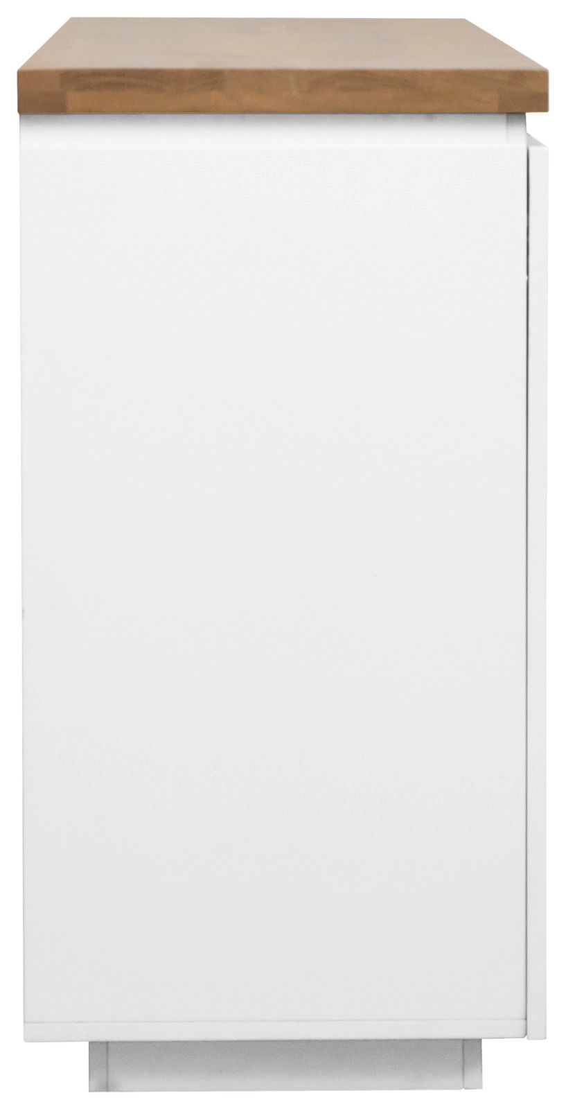 Seitenansicht eines XL-Sideboards mit weißem Korpus und Holzoberfläche