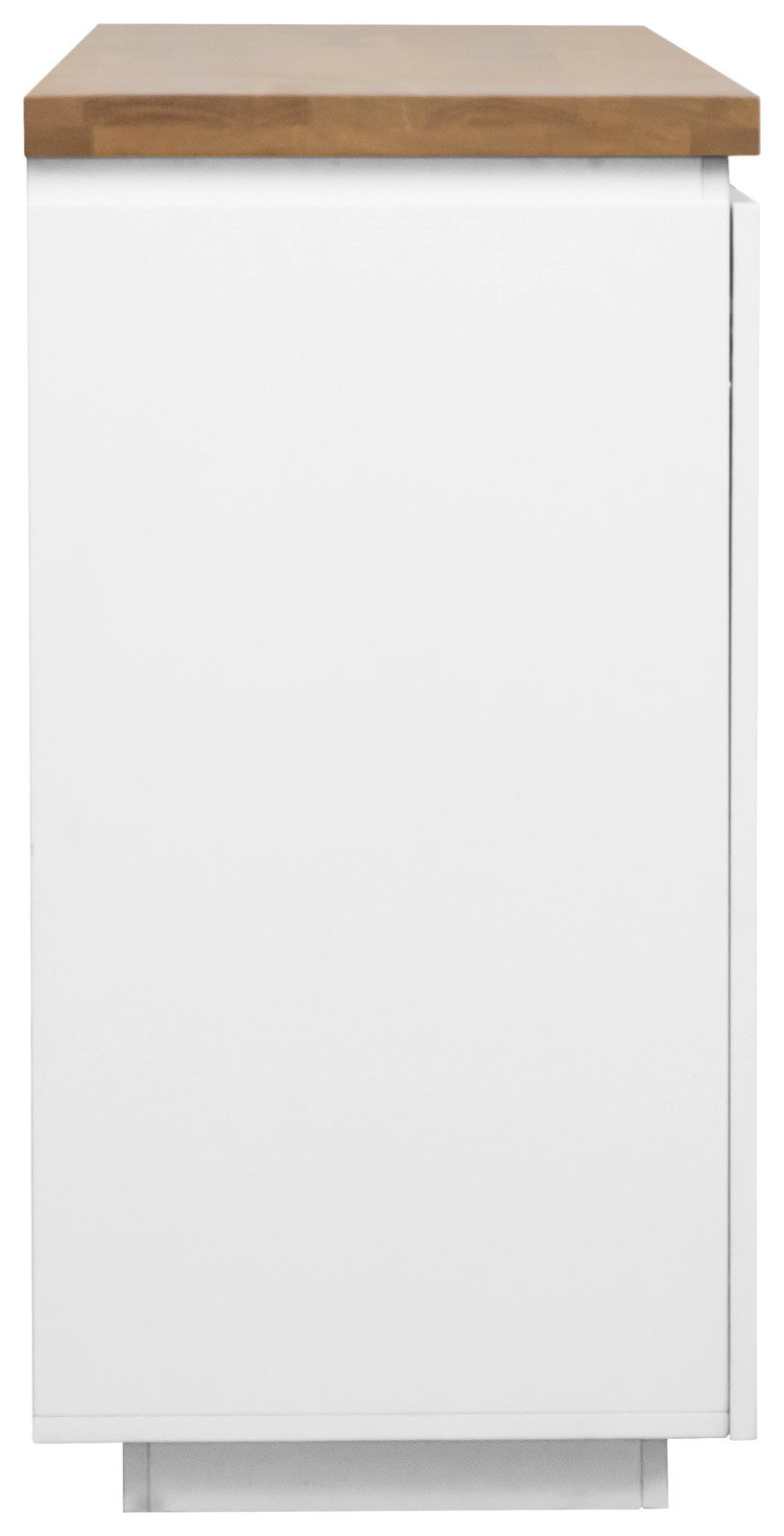 Seitenansicht eines XL-Sideboards mit weißem Korpus und Holzoberfläche