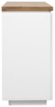 Seitenansicht eines XL-Sideboards mit weißem Korpus und Holzoberfläche