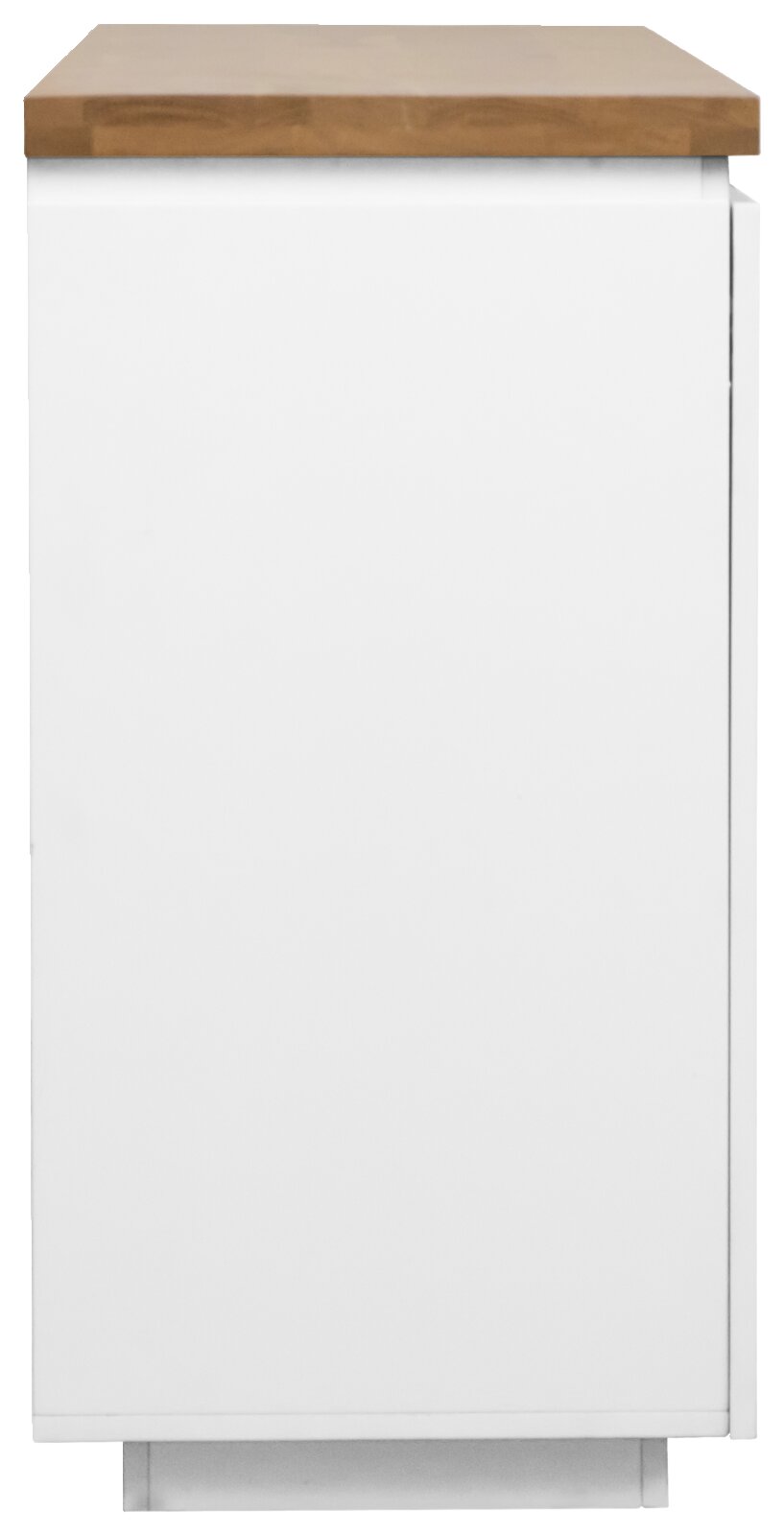 Zijaanzicht van een XL-dressoir met een witte romp en een houten oppervlak