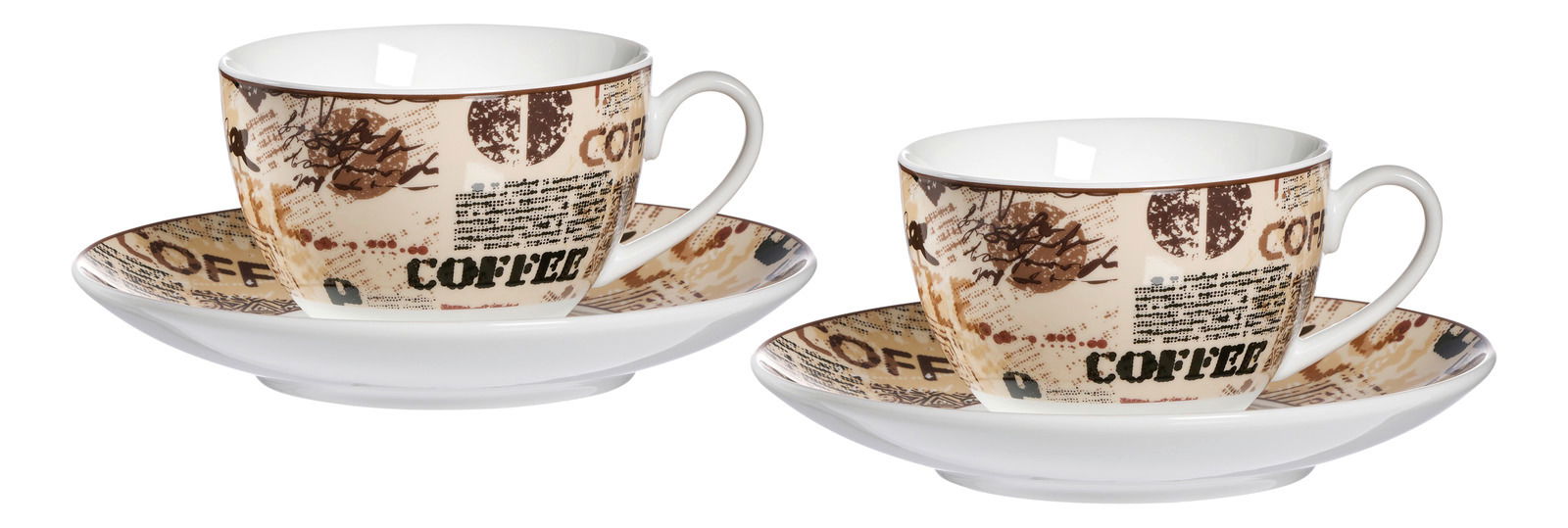 Zwei Cappuccino-Tassen mit Untertassen, dekoriert mit Kaffeethemen, aus seitlicher Perspektive.
