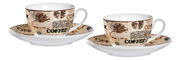 Zwei Cappuccino-Tassen mit Untertassen, dekoriert mit Kaffeethemen, aus seitlicher Perspektive.