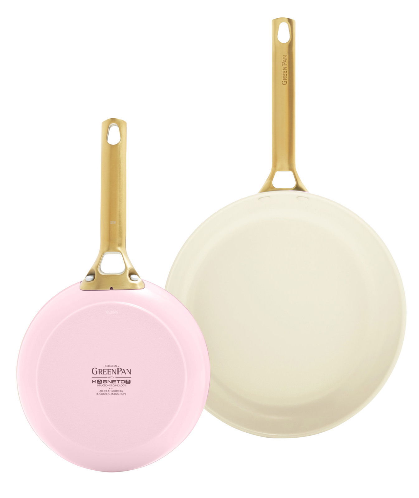 Zwei Bratpfannen in einem Set, eine in Rosa und die andere in Creme, mit goldenen Griffen, von oben betrachtet.