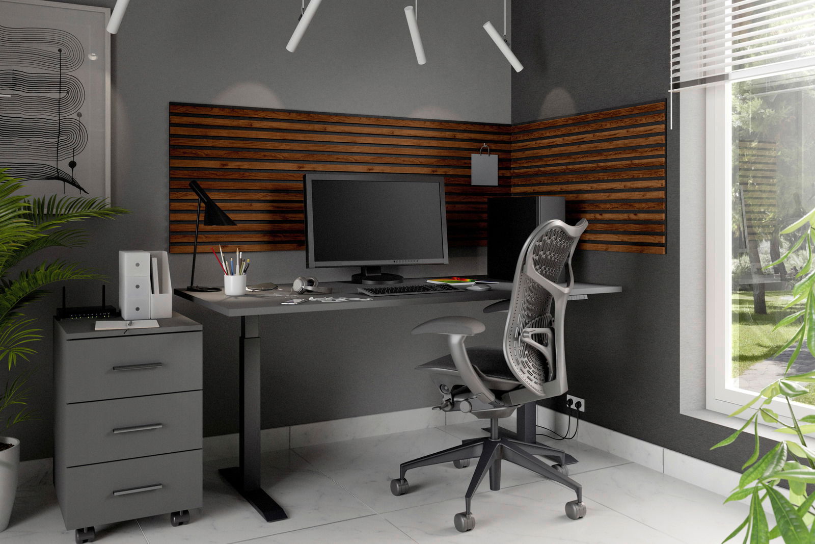 Modernes Büro mit ergonomischem Stuhl, Schreibtisch und Dekopaneel an der Wand, seitliche Perspektive