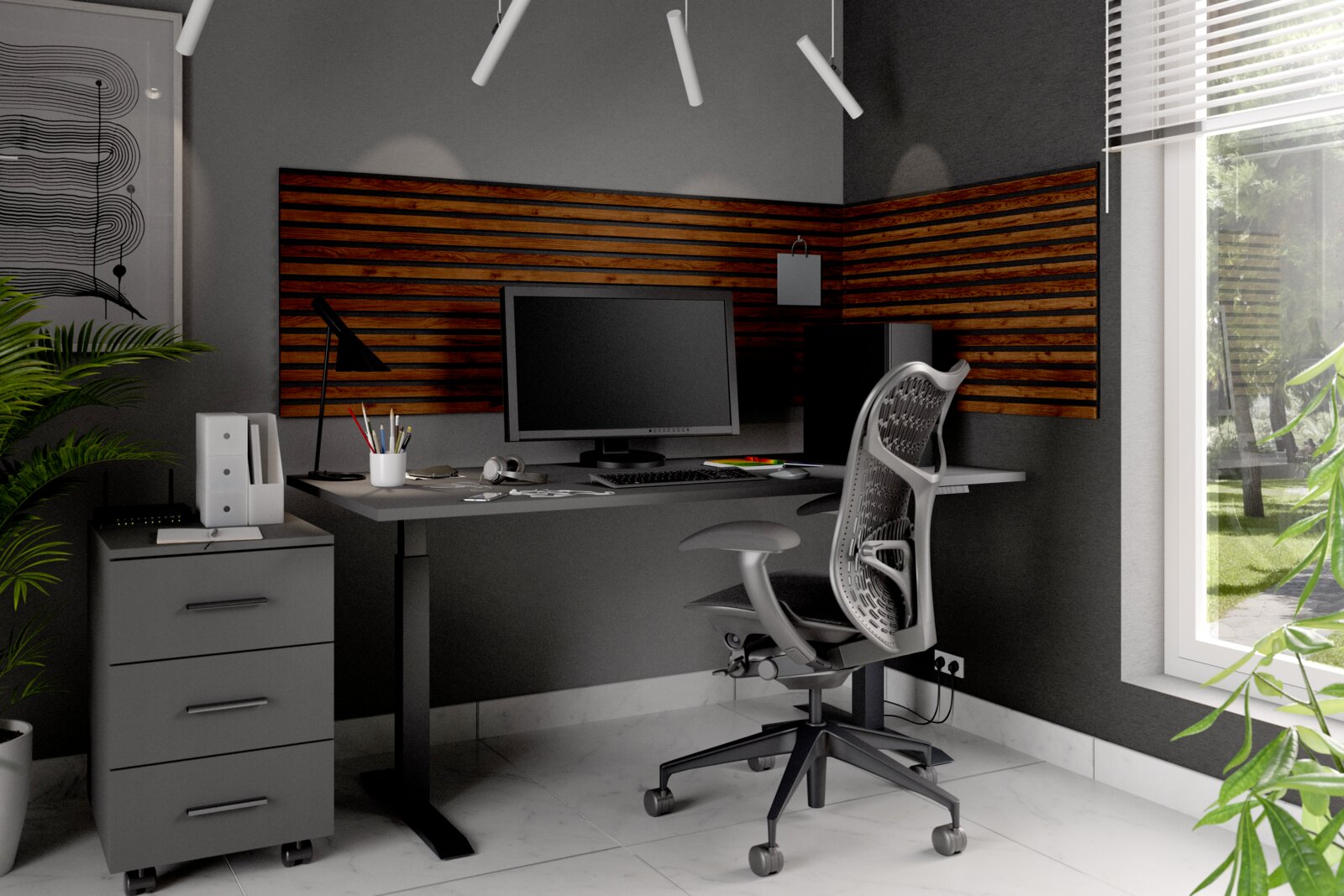 Modernes Büro mit ergonomischem Stuhl, Schreibtisch und Dekopaneel an der Wand, seitliche Perspektive