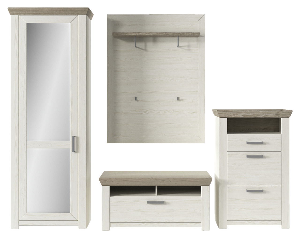 Garderoben-Set in heller Holzoptik mit Spiegel, Wandpaneel mit Haken, Schuhbank und Kommode, frontal betrachtet.