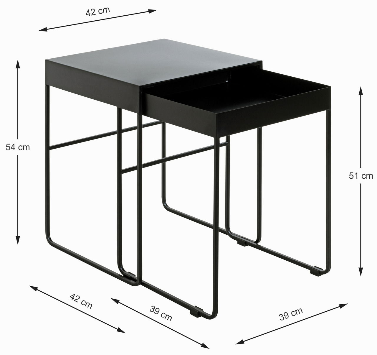 Zweier-Set Beistelltische aus schwarzem Metall, ineinander verschachtelt, mit einer modernen, minimalistischen Ästhetik. Perspektive von schräg vorne.