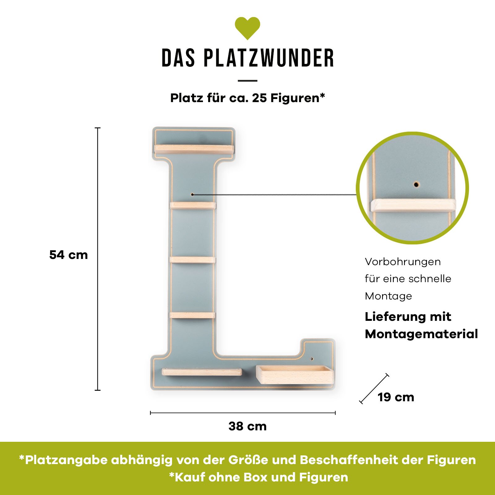 Wandregal in Form des Buchstabens L (Das Platzwunder) in Hellblau mit mehreren Holzleisten und kleiner Ablage, Maße ca. 54 x 38 x 19 cm, mit Vorbohrungen und Montagematerial, Frontansicht.