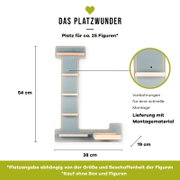 Wandregal in Form des Buchstabens L (Das Platzwunder) in Hellblau mit mehreren Holzleisten und kleiner Ablage, Maße ca. 54 x 38 x 19 cm, mit Vorbohrungen und Montagematerial, Frontansicht.