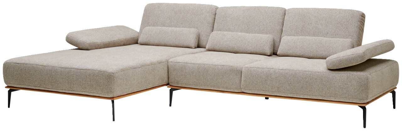 Beige ligbankcombinatie met verstelbare armleuningen en slanke metalen poten, zijaanzicht