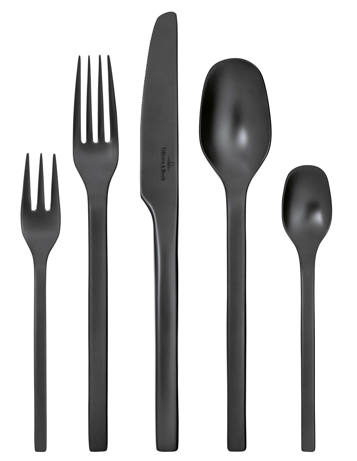 Schwarzes Besteckset aus fünf Teilen, bestehend aus Gabel, Messer, Löffel, Dessertgabel und Teelöffel, von oben betrachtet.