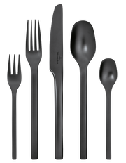 Schwarzes Besteckset aus fünf Teilen, bestehend aus Gabel, Messer, Löffel, Dessertgabel und Teelöffel, von oben betrachtet.