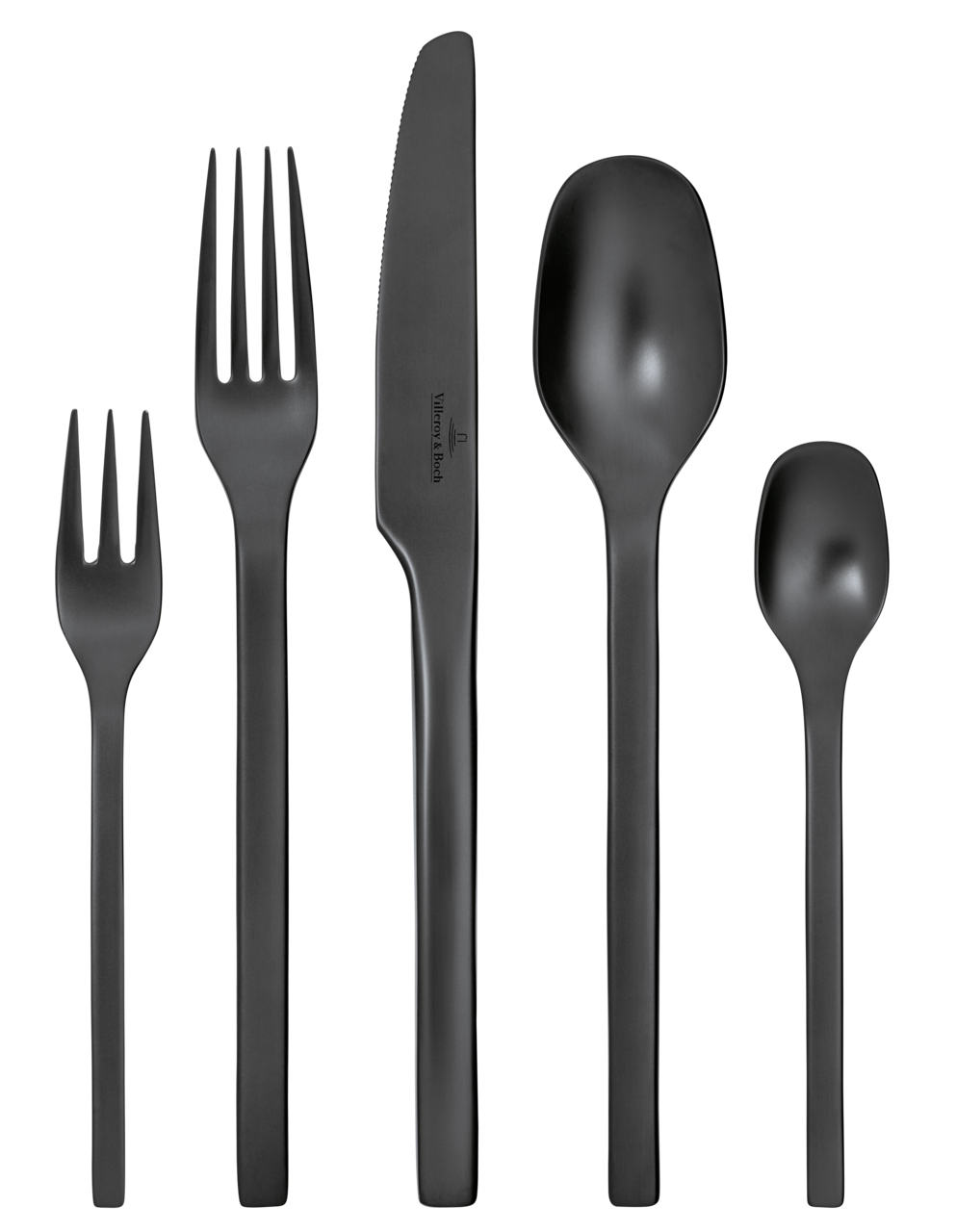 Schwarzes Besteckset aus fünf Teilen, bestehend aus Gabel, Messer, Löffel, Dessertgabel und Teelöffel, von oben betrachtet.