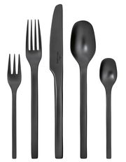 Schwarzes Besteckset aus fünf Teilen, bestehend aus Gabel, Messer, Löffel, Dessertgabel und Teelöffel, von oben betrachtet.