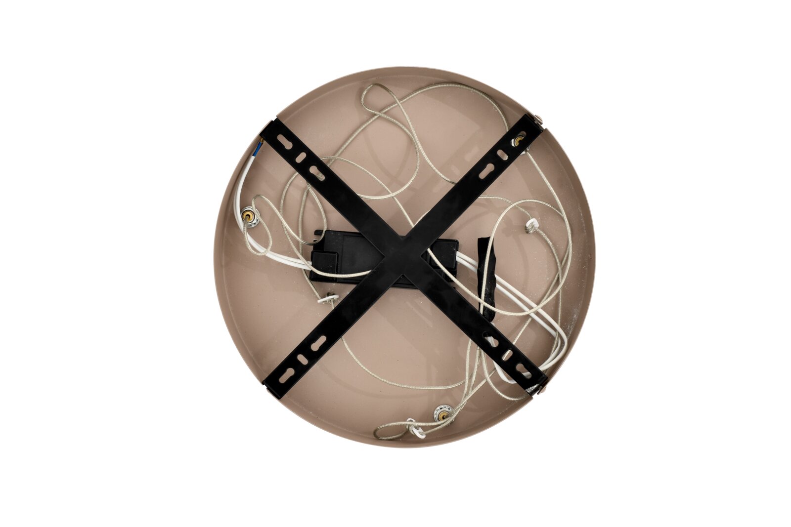 Achteraanzicht van een ronde plafondlamp met beige kap, zwarte kruisbeugel, bedrading en aansluitmodule
