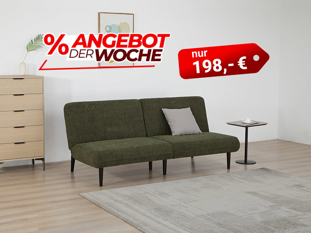 Modernes Wohnzimmer mit grünem Sofa, Angebot der Woche, Sofa für 198 Euro