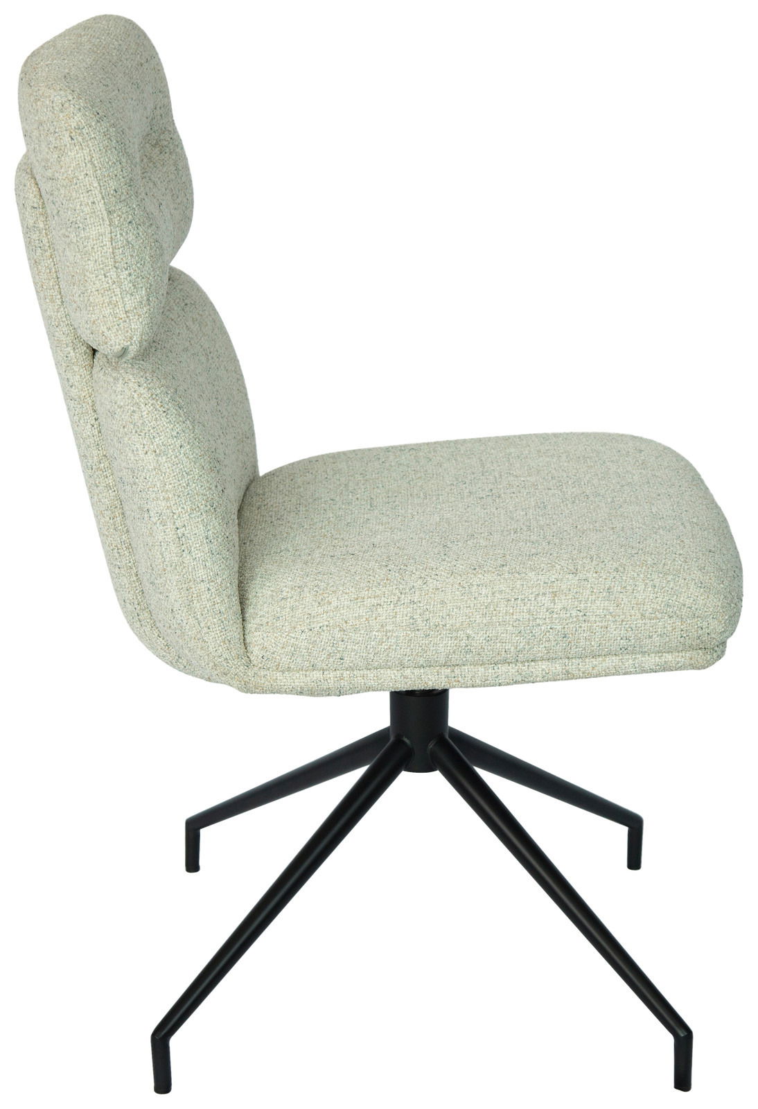 Seitenansicht eines modernen Stuhls mit hellgrauem Stoffbezug und schwarzem Metallgestell.