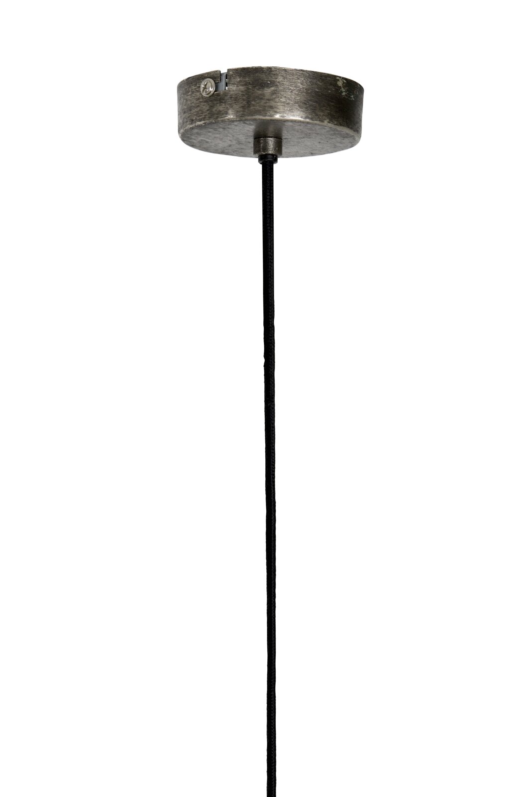 Bovenaanzicht van een hanglamp met een ronde, metalen kap en een zwarte kabel.