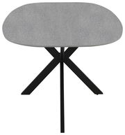 Moderner Esstisch mit grauer, ovaler Tischplatte und schwarzem Metallgestell, Frontalansicht