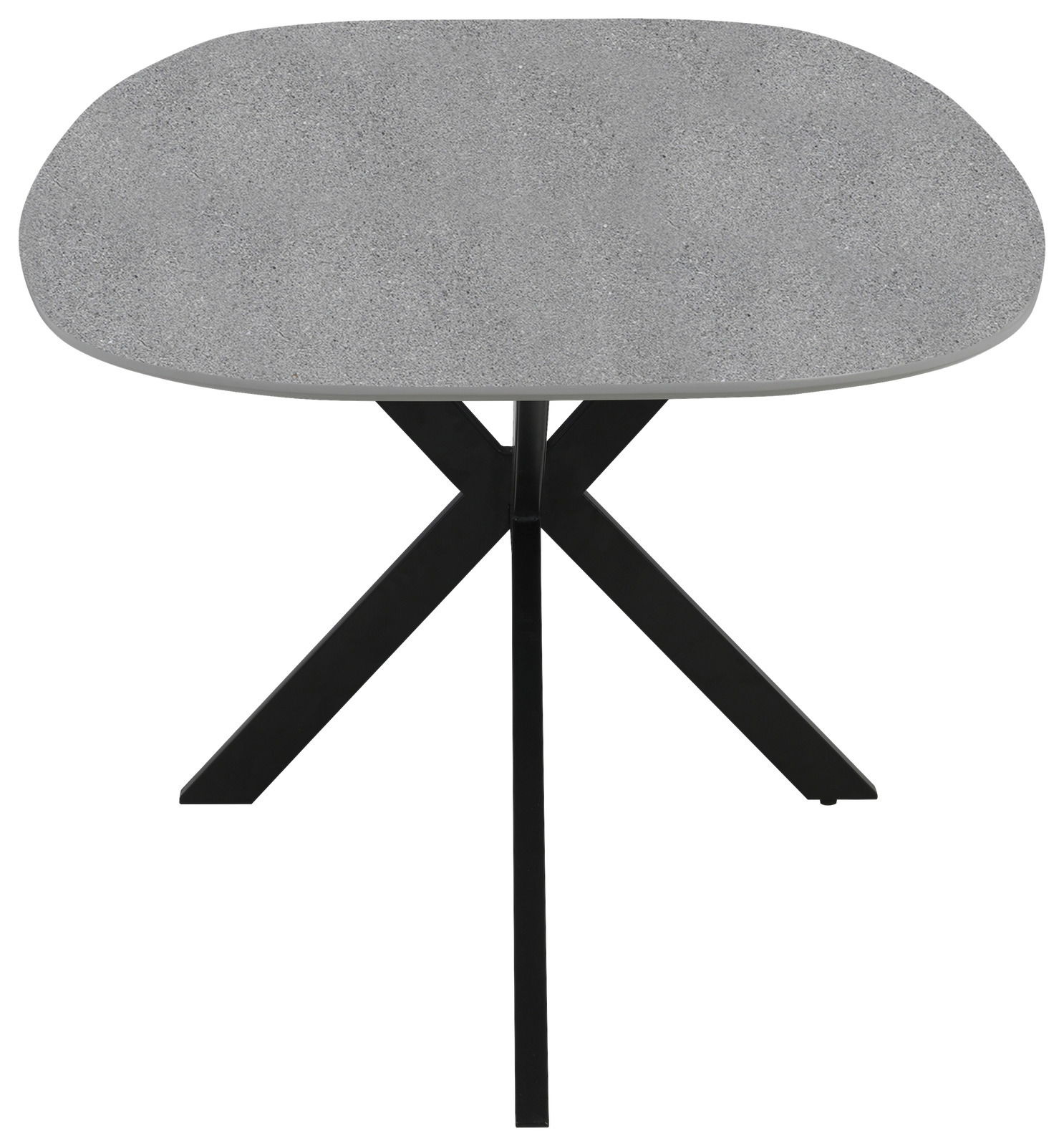 Moderner Esstisch mit grauer, ovaler Tischplatte und schwarzem Metallgestell, Frontalansicht