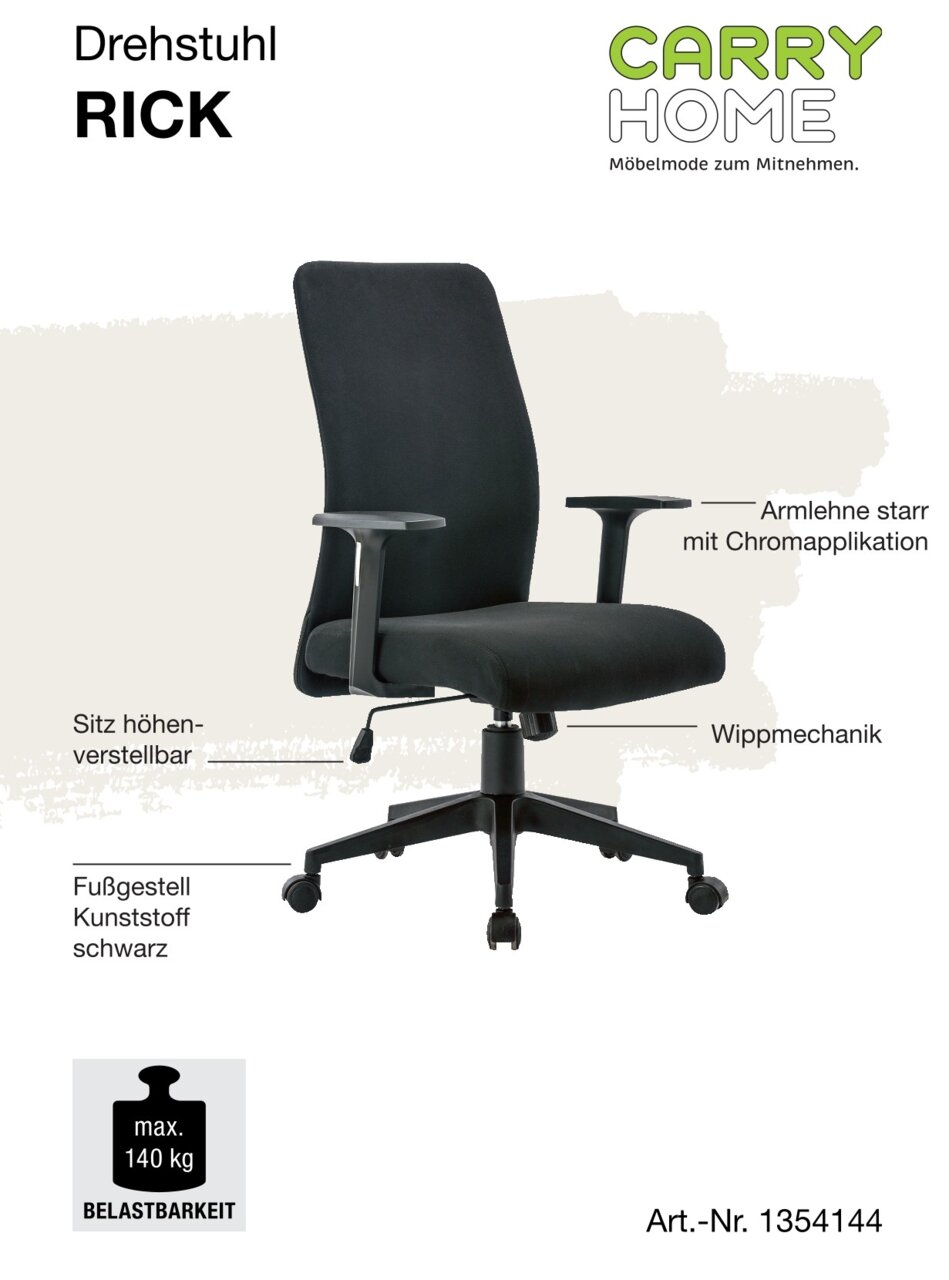 Schwarzer Drehstuhl mit höhenverstellbarem Sitz, starren Armlehnen mit Chromapplikation und Wippmechanik, seitliche Perspektive.