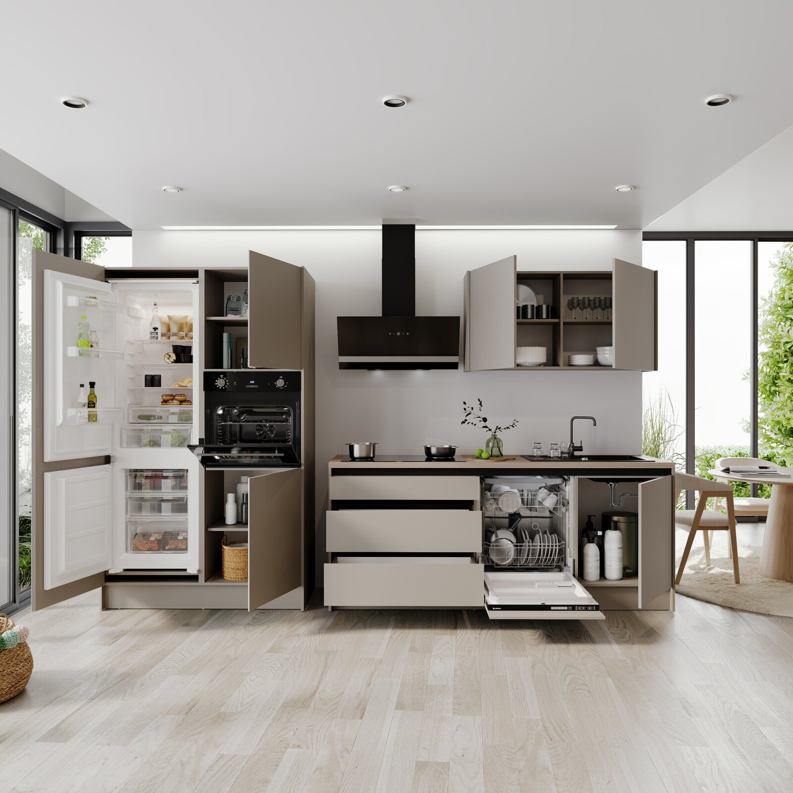 Moderne keukenblok met open kasten, koelkast, oven en vaatwasser in een lichte, ruime omgeving, gezien vanaf de voorkant.