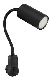 Schwarze Wandleuchte mit flexiblem Arm und Schalter, seitliche Perspektive